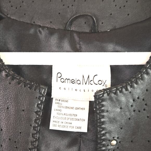 Pamela McCoy Black Genuine Leather & Stud Detailing Smart Long Leather Jacket - Picture 3 of 7